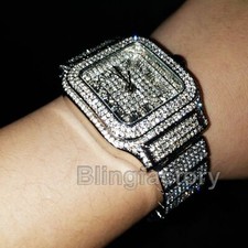 Men's Luxury Iced White Gold Plated Square Lab Diamond Bracelet Metal Band Watch