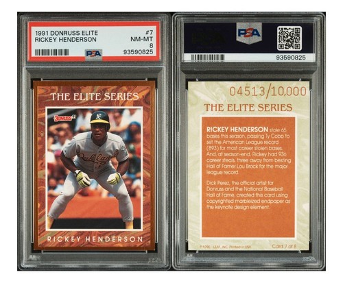 1991 Donruss Elite #7 RICKEY HENDERSON #4.513/10.000 PSA 8 bordo cornice oro - Foto 3 di 3