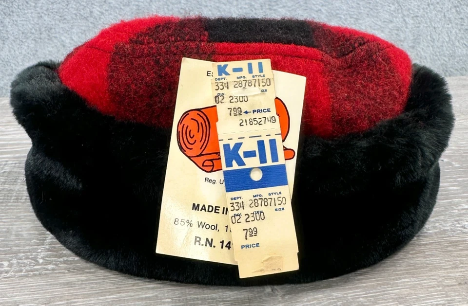 Винтажный 70-х шерсти изолированная шерсть фланель Buffalo клетку шляпа новый старый запас с ярлыками - Изображение 3 из 4