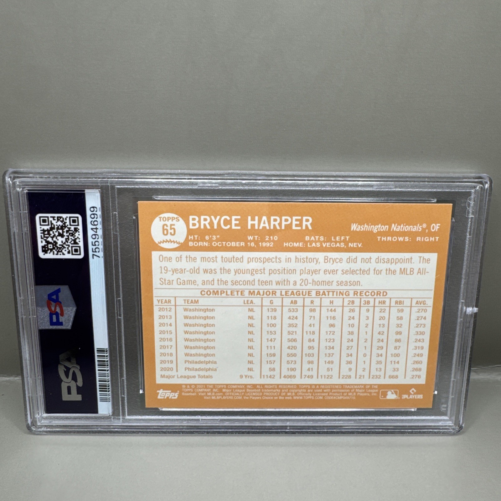 2021 Topps All-Star Rookie Cup - Bryce Harper #65 - PSA 10 - Nationals view 2