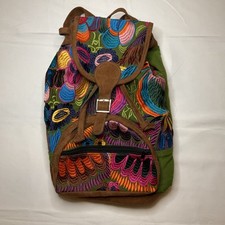 Embroidered Woven Backpack With Pockets Leather Trim Orange Blue Boho Hippie