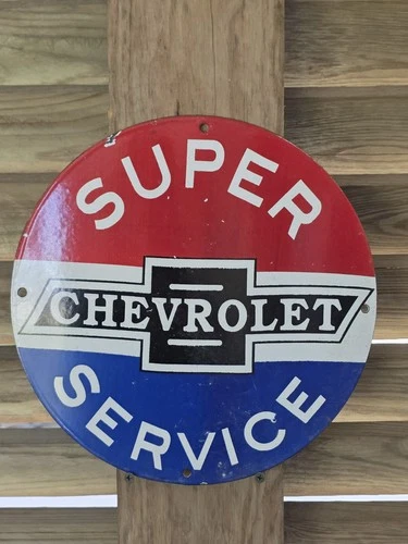 VINTAGE CHEVROLET SUPER SERVICE PORCELAIN SIGN 12"