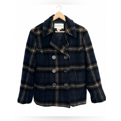 Chadwick's Women's 8P 100% Wool Plaid Peacoat Navy Double Breasted Preppy
