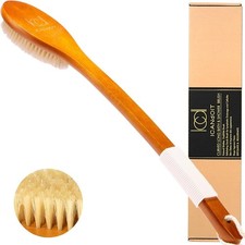 -17.71Inch Natural Boar Bristles Anti-Slip Curved Long Handle Bath Brush,Bent