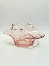 Antique pink depression glass basket style bowl with handles