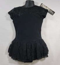 Danz N Motion Black Leotard Short Sleeve Lace Dress Open Back Lace Bow Sz. 8-10