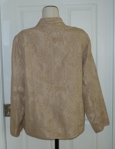 Chicos Silk Rayon Beige Asian Textured Jacquard Mandarin Jacket 3 L XL 50"B EUC - Picture 4 of 19