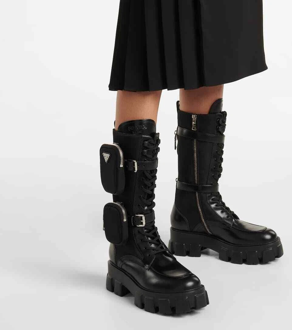 Prada Monolith Black Leather Tall Combat Boots Size 38 US 8 UK 5 AU 7