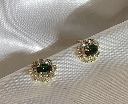 Emerald And Diamond Lab Ground Cluster Clip On 10K Earrings Gorgeous - Picture 2 of 6