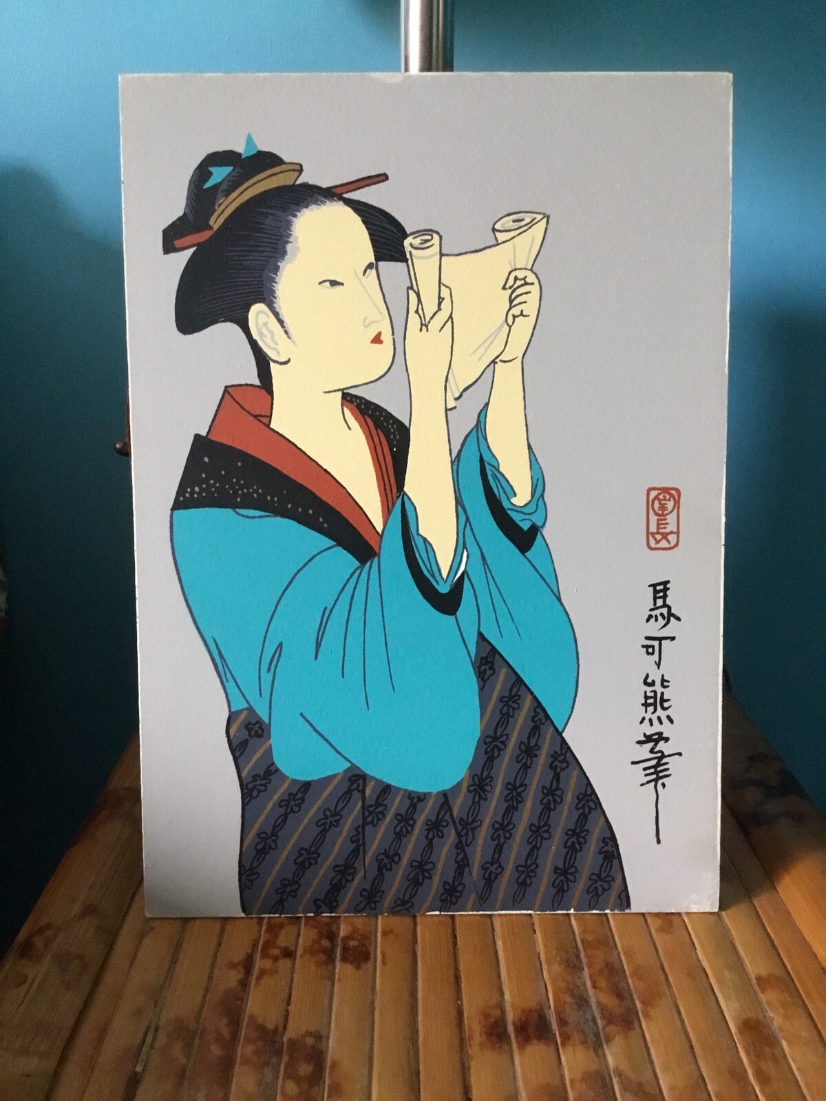 Vintage 70’s Mark Coomer Serigraph on Masonite Board “Geisha With Scroll