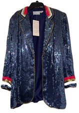 New Rina Z Beaded Sequin Trophy Navy Jacket Long Overcoat Sz M