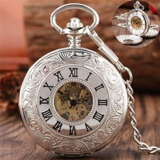 Silver Skeleton Pocket Watch Handwinding Mechanical Roman Number Pendant Chain