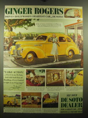 1938 De Soto Car Ad - Ginger Rogers drives Hollywood's Smartest Car