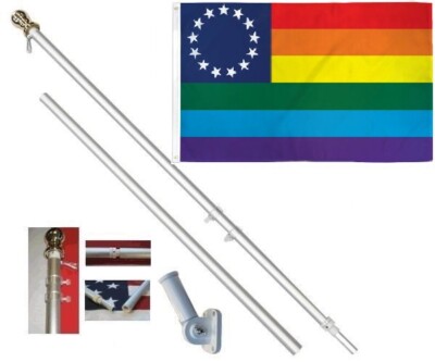13 Stars Rainbow 3 x 5 FT Flag + 6 Ft Silver Spinning Tangle Free Pole + Bracket