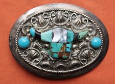 Vintage Hand Made Nickel Silver Bull Head Turquoise Western Belt Buckle