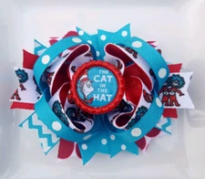 The Cat In The Hat Dr Seuss Red White Turquoise Blue Bottle Cap Hair Bow 5"
