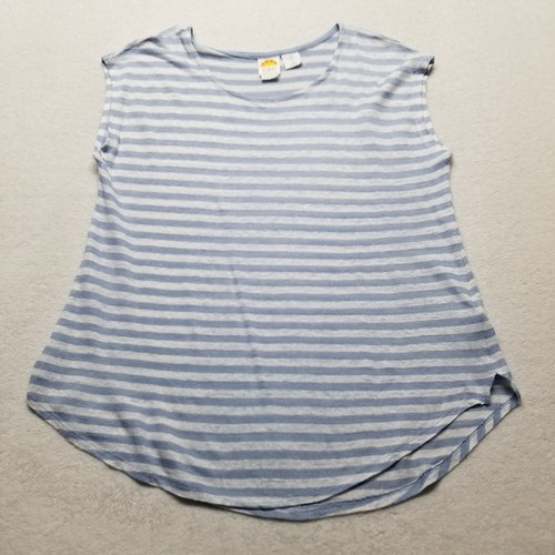 C & C California L Top 100% Linen Blue White Stripe Boxy Beach Coastal Nautical