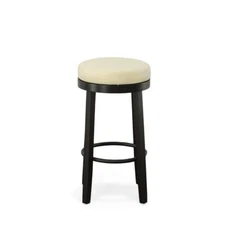 Set of Two 30 Cream And Espresso Faux Leather And Solid Wood Swivel Backless Bar