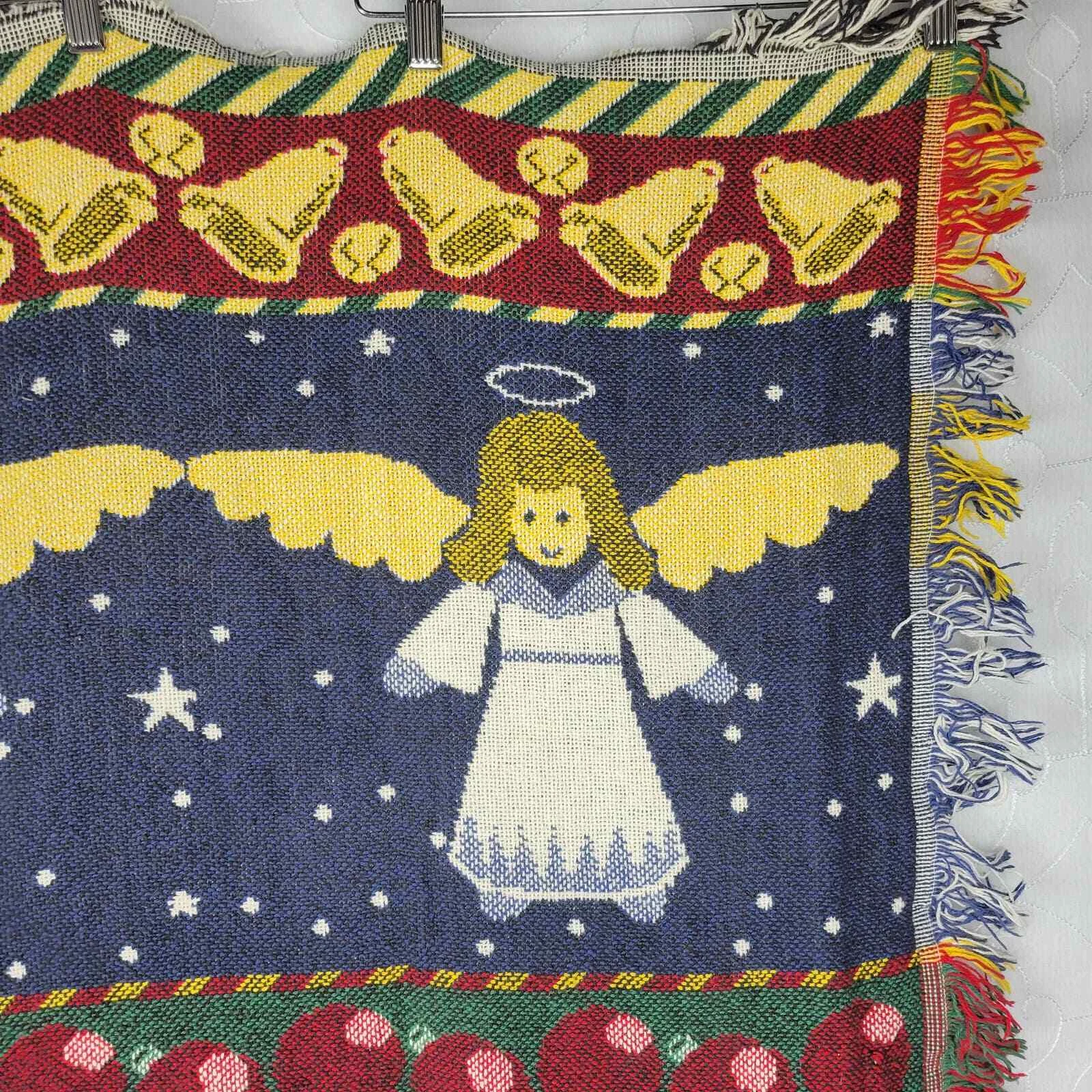 Vintage Crown Crafts Christmas Angel Woven Throw 62 x 50 Fringe Afghan Cotton