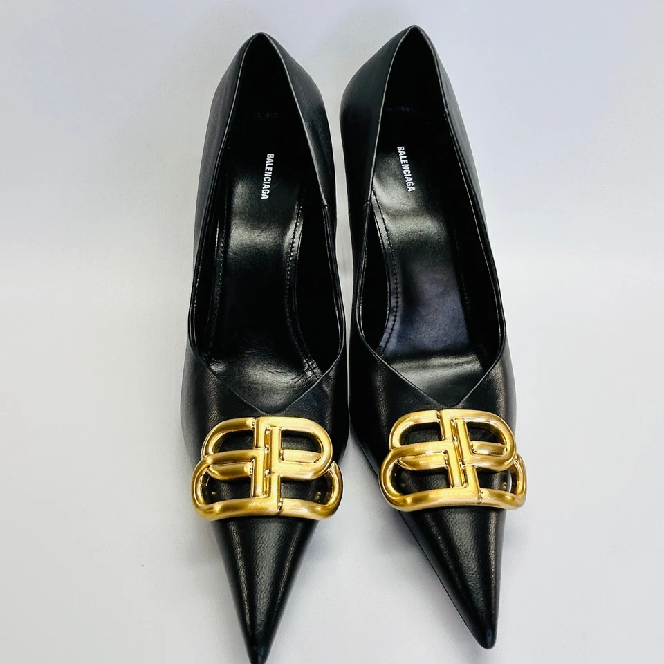 Cuchillo Balenciaga BB Cuadrado Bomba Talla 38 Cuero Negro Punta Dorado Logo Tacón Foto 3 de 4