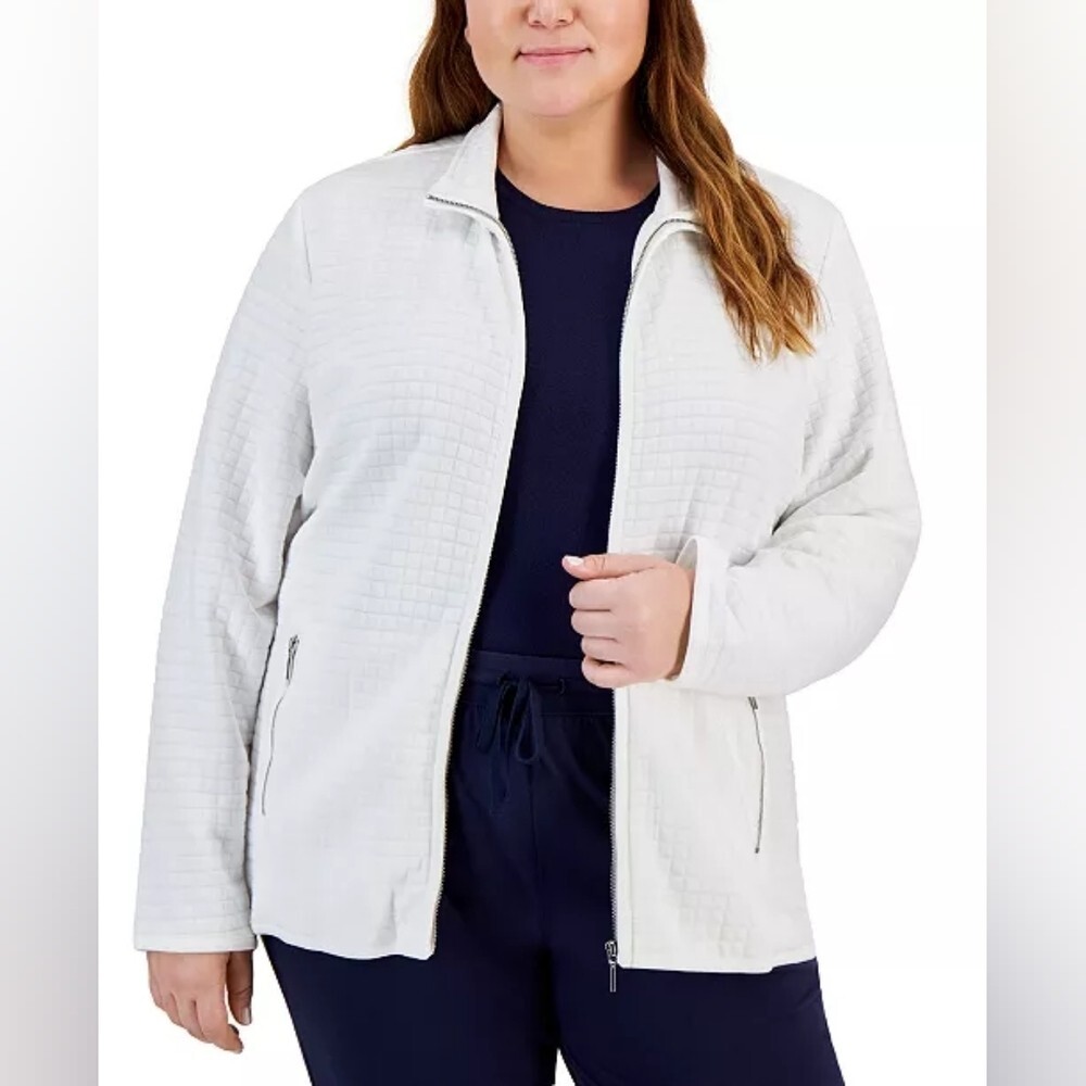 Karen Scott Plus Size Quilted Fleece Jacket – Women's White Cozy Winter Outerwea