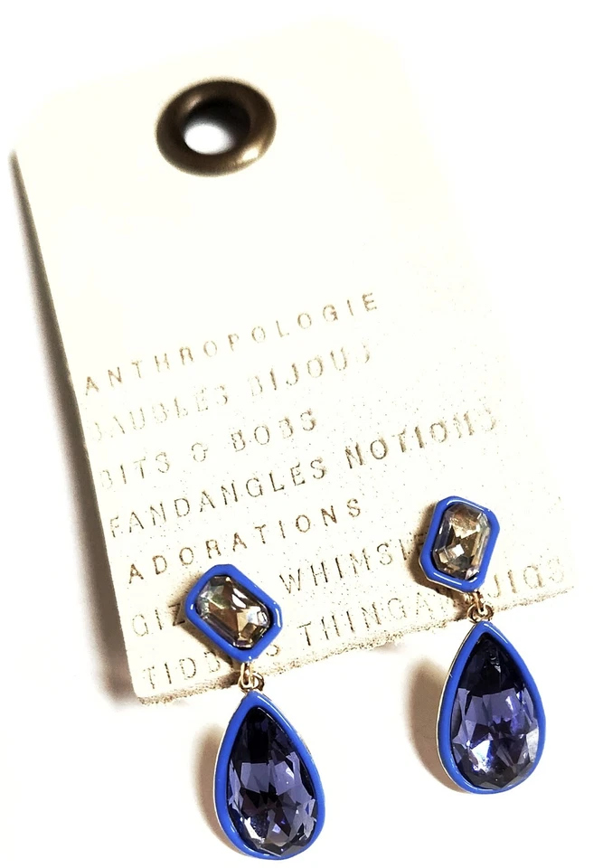 Pendientes colgantes de cristal de resina Anthropologie en latón chapado en oro azul marino nuevos con etiqueta Foto 4 de 4
