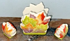 Vintage KMart Fall Autumn Leaves Salt and Pepper Shakers & Napkin Holder NEW
