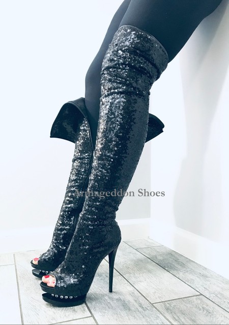 black sequin thigh high boots
