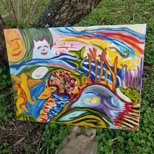 Folk Art Painting Abstract Psychedelic Jazz Margaritaville Beach Monkeys Circus - Picture 3 of 8