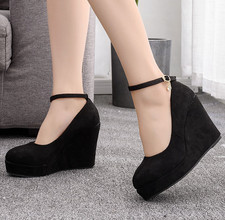Women Ankle Strap Wedge High Heel Round Toe Platform Buckle Fashion Shoes Pumps