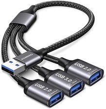 USB Splitter 3 Port, Dual USB 1 Male to 3 Female Adapter for Data Power Charging