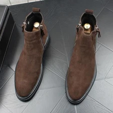 Men's Punk Casual Ankle Boots High-top Suede Flat Shoes Side Zip Work Pointy Toe