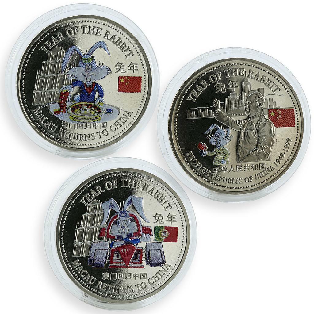 Trade dollar, set of 3 colorized coins, Rabbit, Macau returns