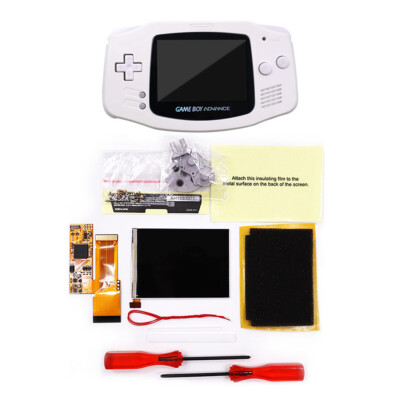White Button+Cut Shell+Gameboy Advance GBA IPS V2 Backlight Brightness LCD Kit