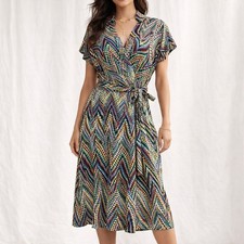 DR Collection Geometric Multicolor Wrap Style Midi Dress Womens M Chevron Tie