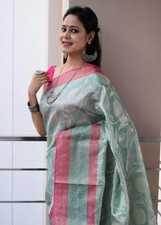Banarasi Saree Semi Tissue Silk Zari Woven Skirt Border Sari Fabric Green  Gold