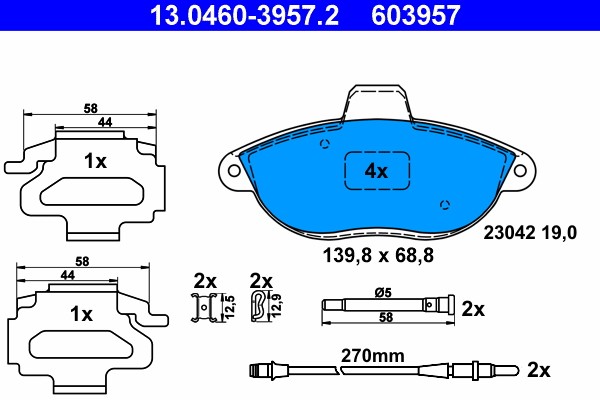 Front ATE 13.0460-3957.2 Brake Pad Set, disc brake for CITROËN,FIAT,PEUGEOT