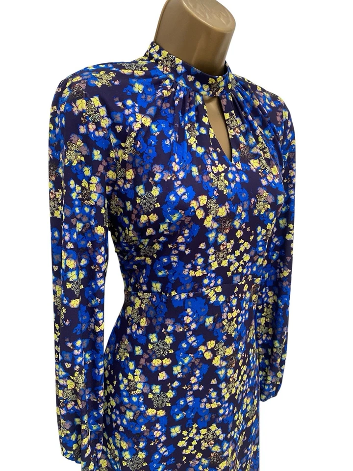 Wallis Midi Dress UK Size 14 Petite Blue Yellow High Neck Long Sleeve - Image 2 of 4