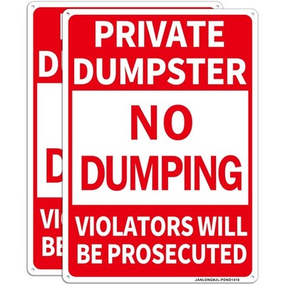2 Pack Private Dumpster- No Dumping Sign, 14''x 10'' Aluminum 14x10inch, Red 