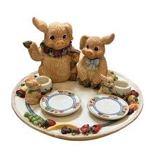 VTG 1995 Youngs Inc Resin Piggie Pig Miniature Tea Set Pretend Play 9 Pieces