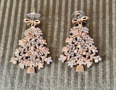 BaubleBar Gold Toned Rhinestone Studded Christmas Tree Dangle Earrings