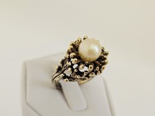 VTG Abstract Brutalist MCM Gold Vermeil Sterling Silver Faux Pearl Ring Sz 4 3/4