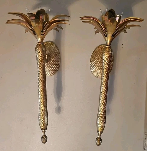 Vintage Pair Of Brass Pineapple Palm Tree Candle Wall Sconces Hollywood Regency