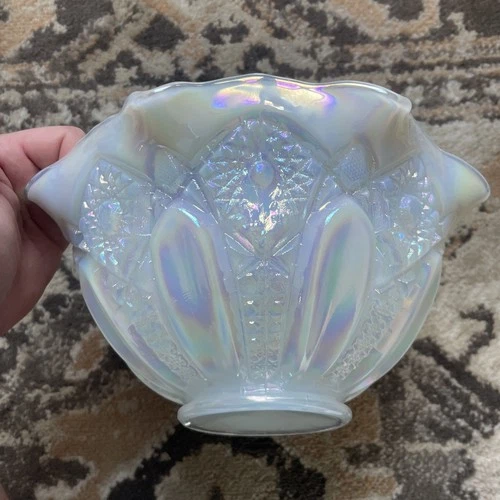 Rare Vintage Smith Quintec White Opalescent Carnival Glass 10"x5" Bowl Stunning