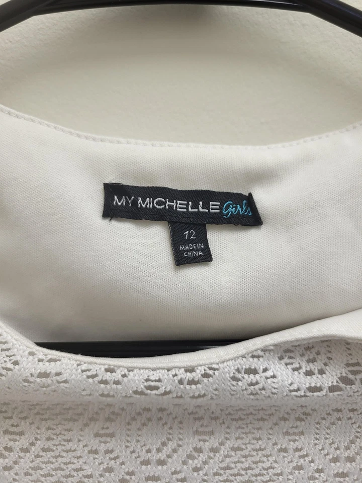 Vestido My Michelle Niñas 12 Blanco Encaje Cambio Manga 3/4 Bordado Chevron Boho Foto 3 de 4