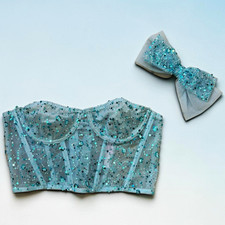 Women’s Blue Strapless Sequin Boned Bustier Corset Top Lace Up Bow L