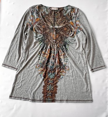 Live & Let Live Women's Sz XL Boho Style Tunic Gray Top ¾ Sleeve Paisley Pattern