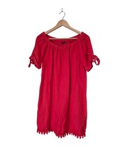 Lungo L Arno 100% Linen Dress Size Large Lacy Hem Tie Sleeves Red Made in Italy