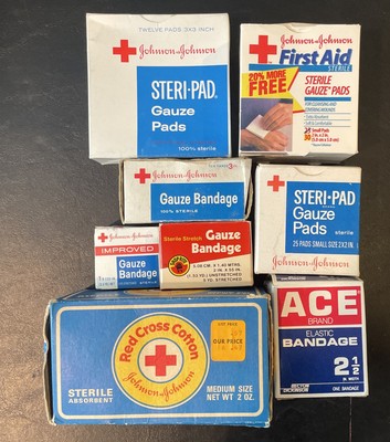 Vintage Johnson Johnson first Aid Supplies Gauze Pads Cotton Bandage Lot