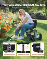 Heavy Duty Rolling Garden Cart with 360° Swivel Seat, Backrest, Toolbox & Extend